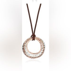 Long statement necklace brown soft cloth w silver clasp. Silver & copper circles